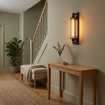 Zinnia vintage wall sconce – glowing in a hallway