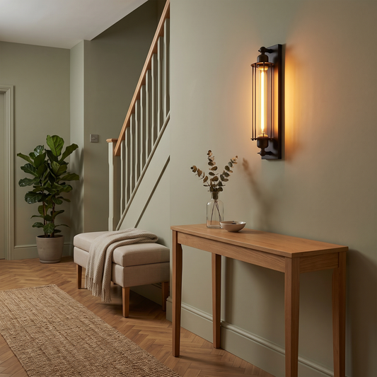 Zinnia vintage wall sconce – glowing in a hallway