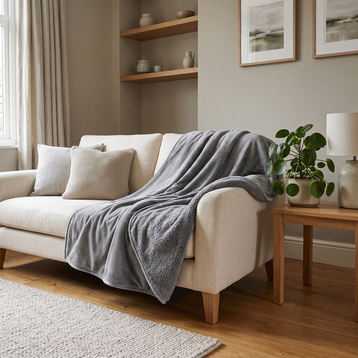 Hester reversible sherpa blanket – draped over a sofa