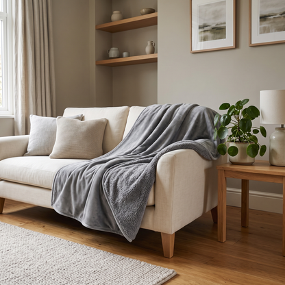 Hester reversible sherpa blanket – draped over a sofa