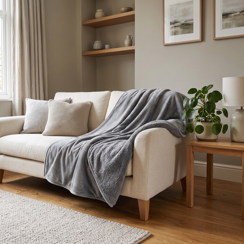 Hester reversible sherpa blanket – draped over a sofa