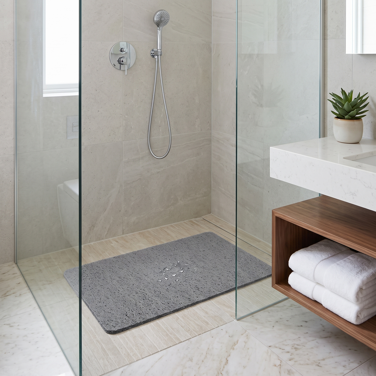 Jemima quick-drain shower mat – in a walk-in shower