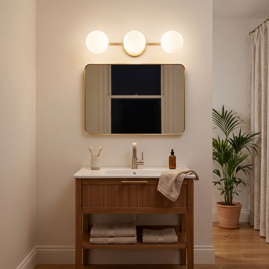 Sybil 3-globe wall light – glowing above a bathroom mirror