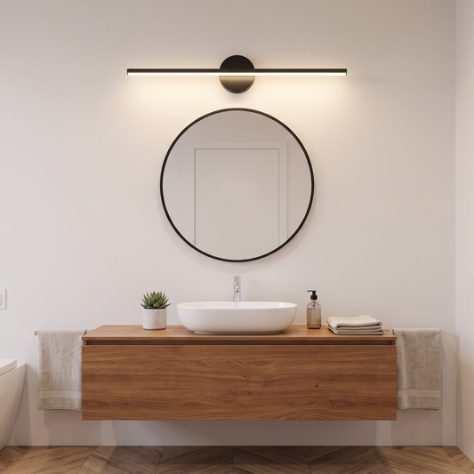 Cressida linear LED wall light – glowing above a bathroom mirror