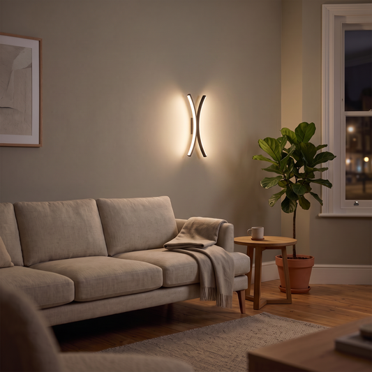 Blythe curved LED wall light – glowing in a living room