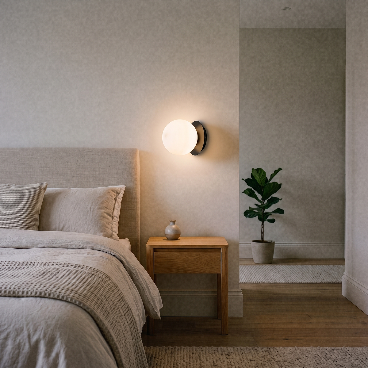 Tilda opal globe wall light – glowing beside a bed