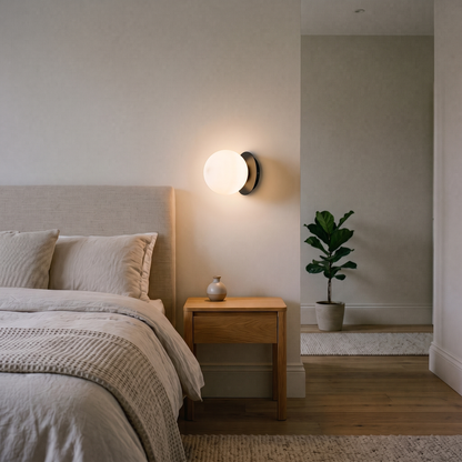 Tilda opal globe wall light – glowing beside a bed