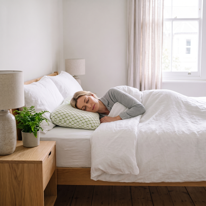 Marlowe cotton donut pillow – side sleeper resting in bed