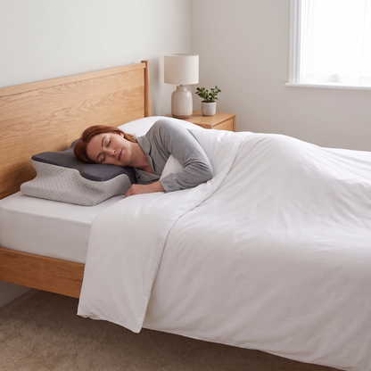 Bryony contour pillowcase – on a contour pillow in use