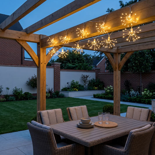 Kester starburst string lights – glowing over a patio