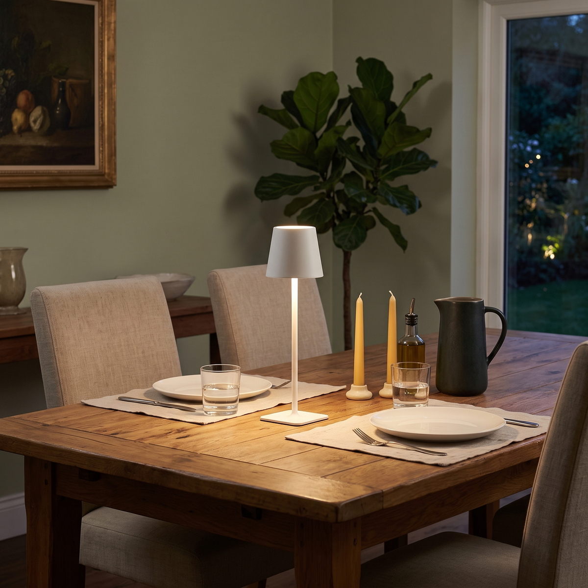 Rupert cordless table lamp – glowing on a dining table