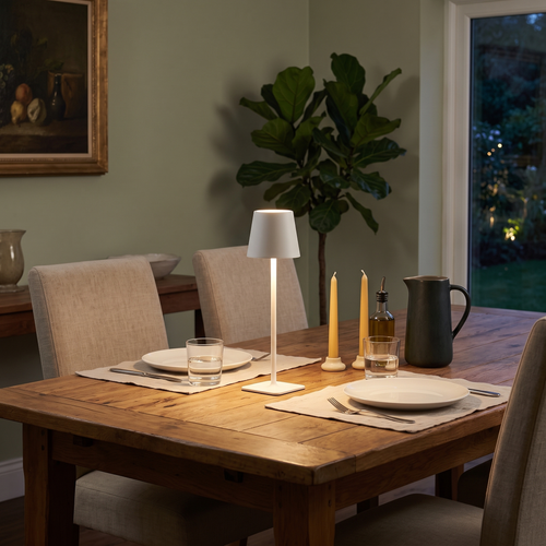 Rupert cordless table lamp – glowing on a dining table