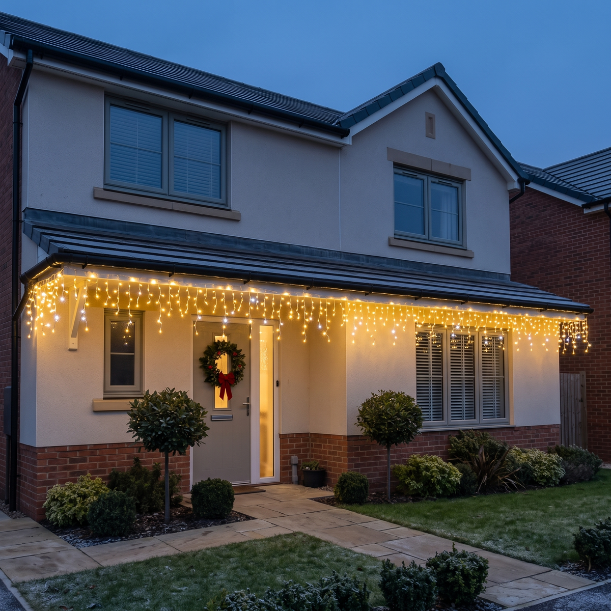 Hamish Christmas curtain lights – glowing along a house front