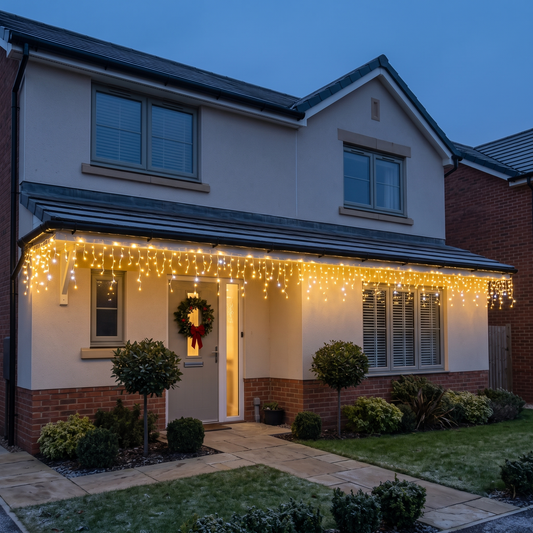 Hamish Christmas curtain lights – glowing along a house front