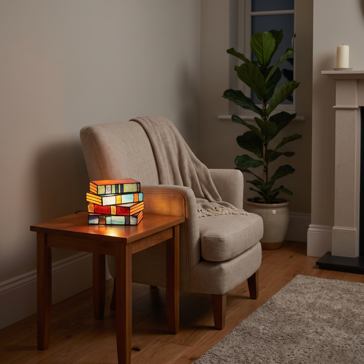 Bede stained glass book lamp – glowing on a side table