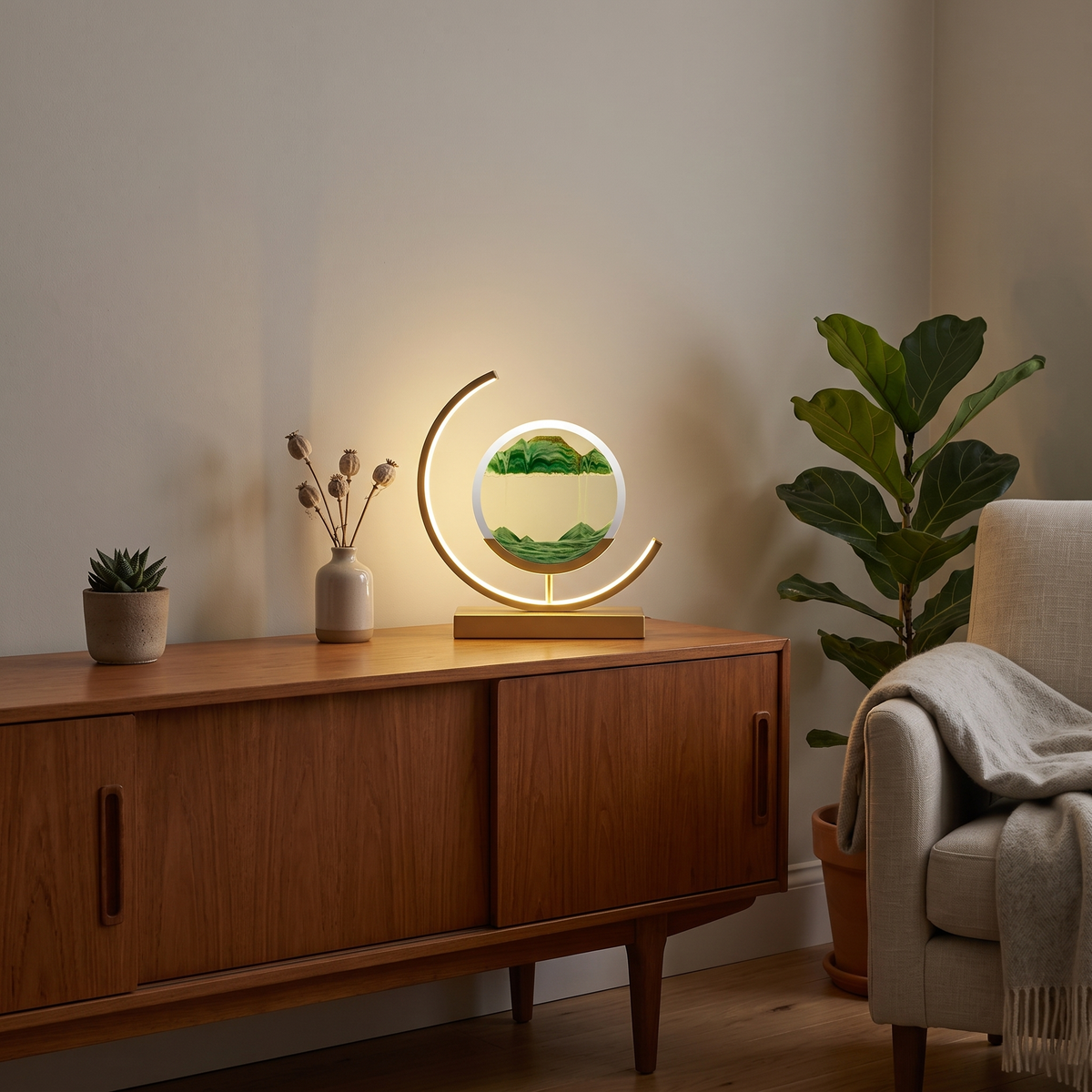Mirren sand art LED lamp – glowing on a sideboard