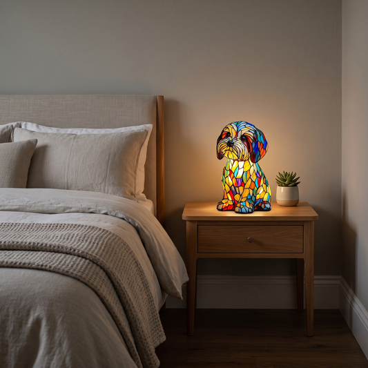 Hollis stained glass dog lamp – glowing on a bedside table