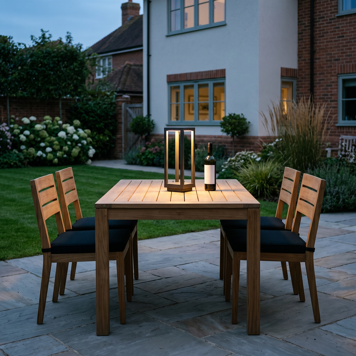 Bram portable LED table lamp – glowing on a patio table