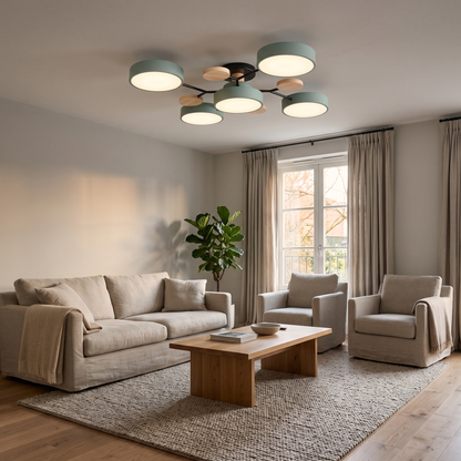 Fenwick semi-flush ceiling light – glowing in a living room