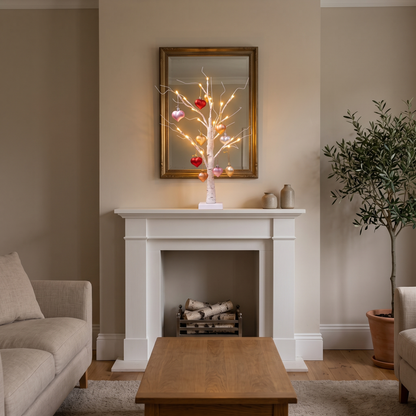 Ulla birch tree lamp – glowing on a mantelpiece