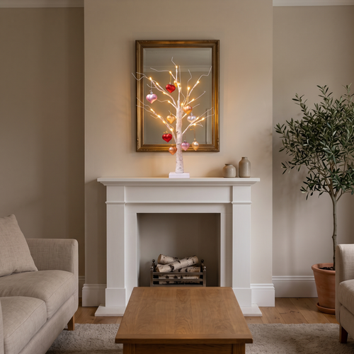 Ulla birch tree lamp – glowing on a mantelpiece