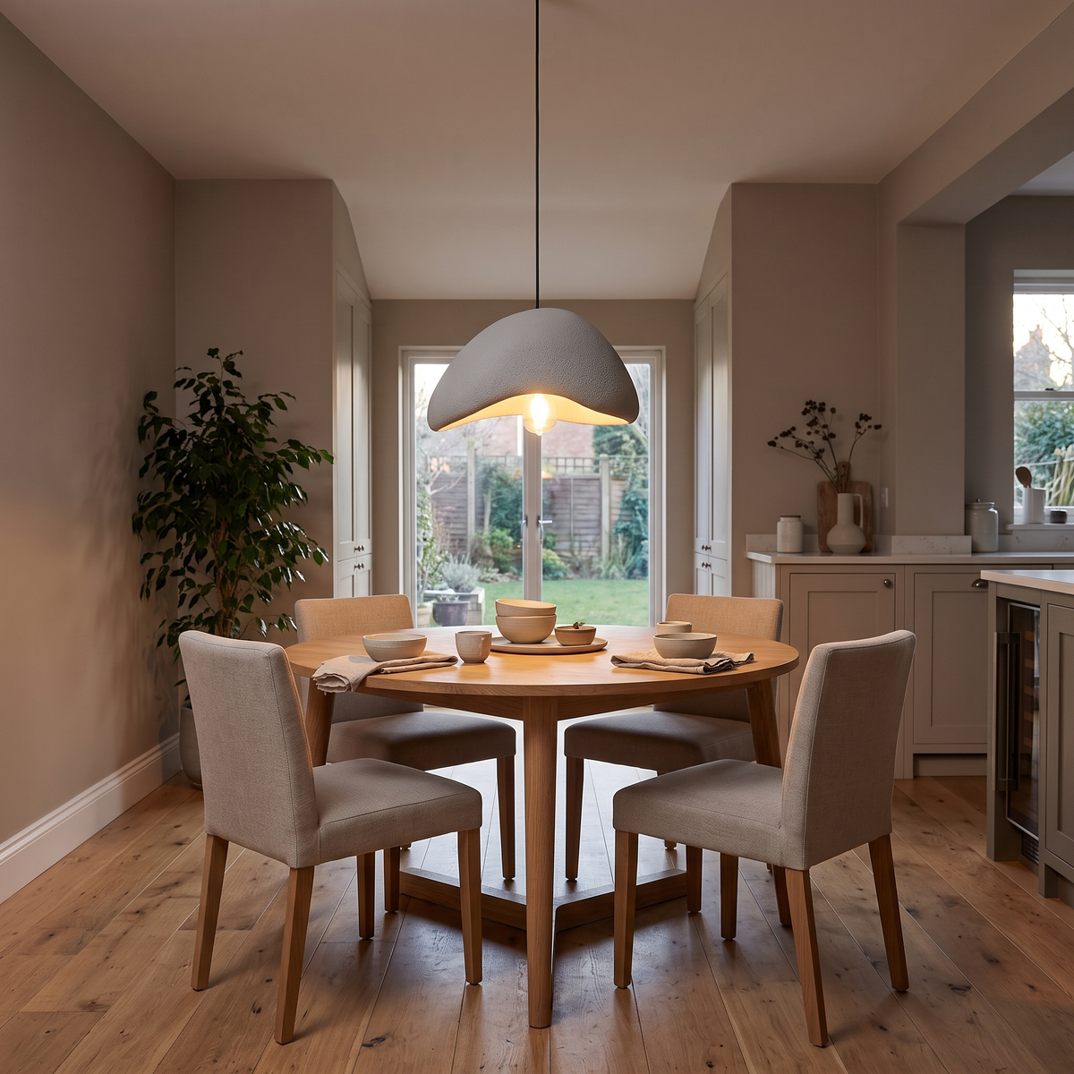 Ysolde wabi sabi chandelier – glowing above a dining table