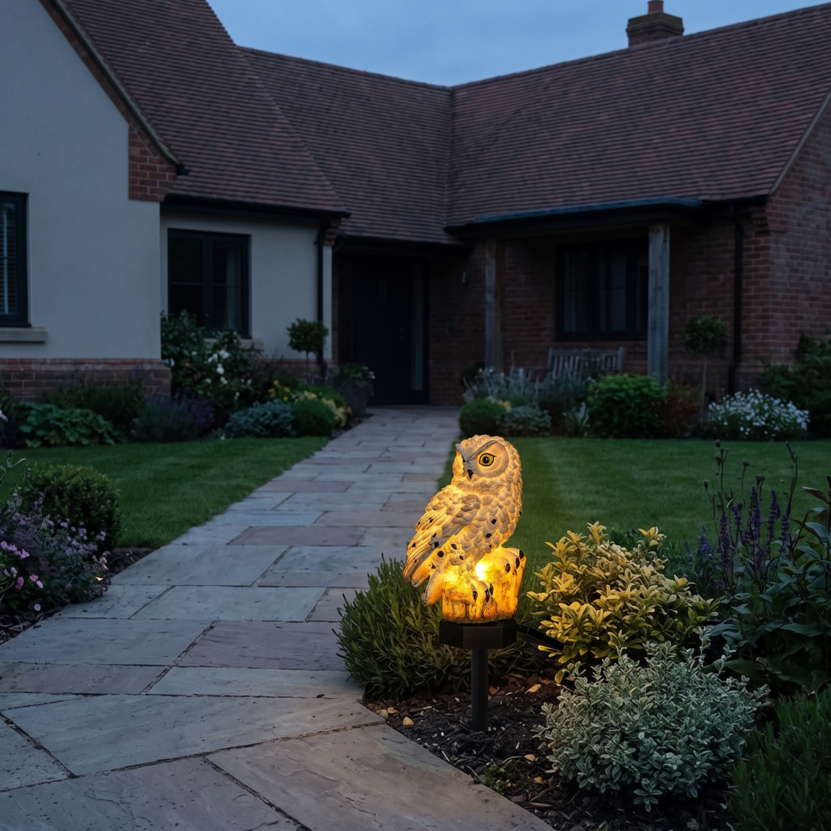 Osric owl solar garden light – glowing beside a garden path