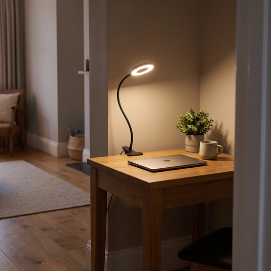 Tove flexible LED clip lamp – lighting a home desk