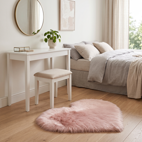 Jessamy heart shaped plush rug – in a bedroom