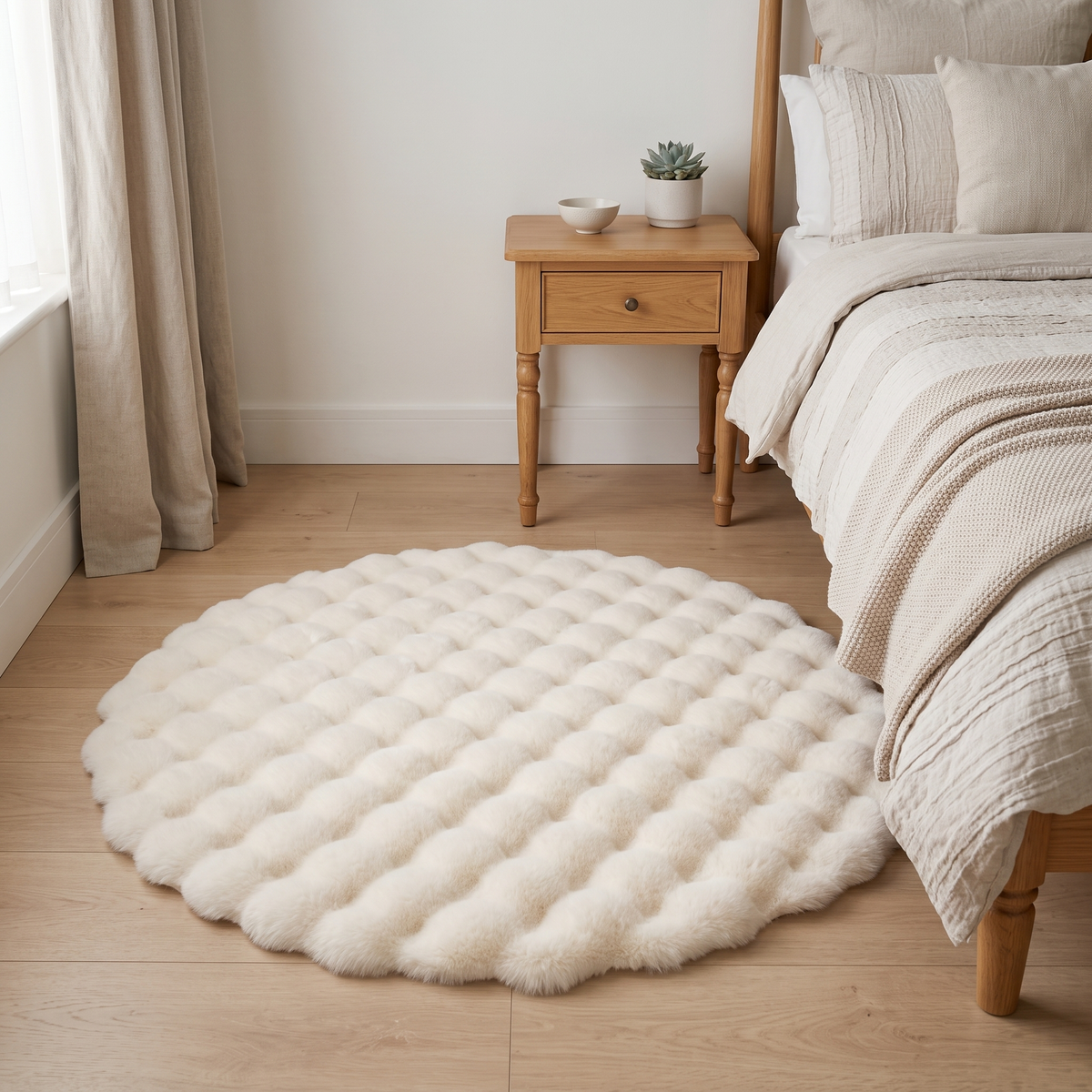 Nerys bubble round rug – beside a bed