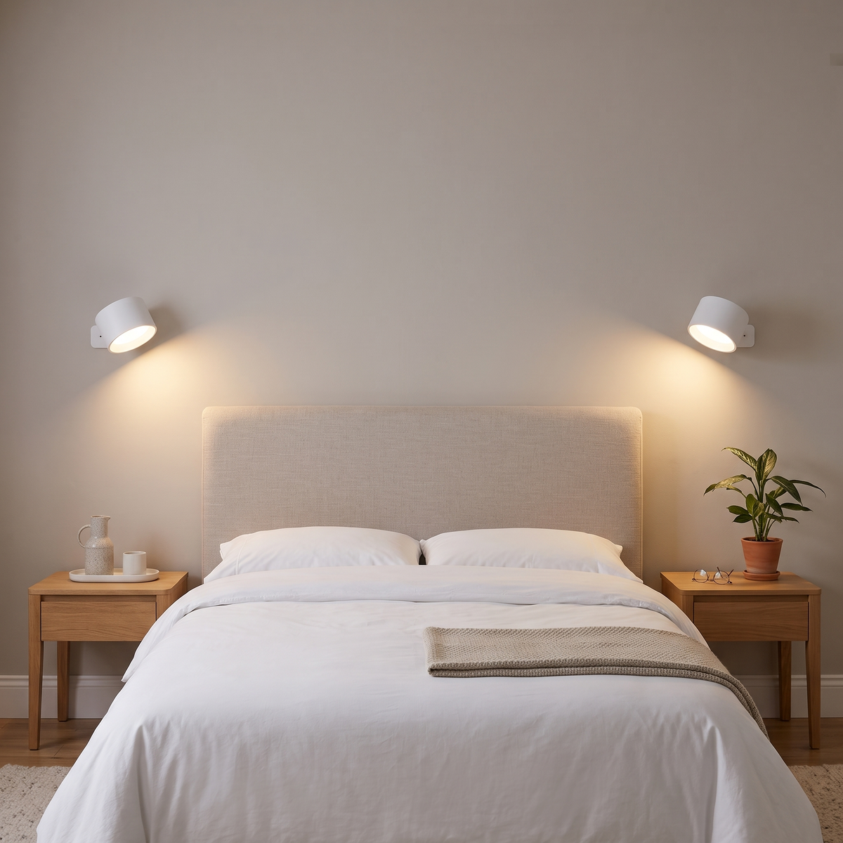 Yves compact LED wall lights – glowing either side of a bed