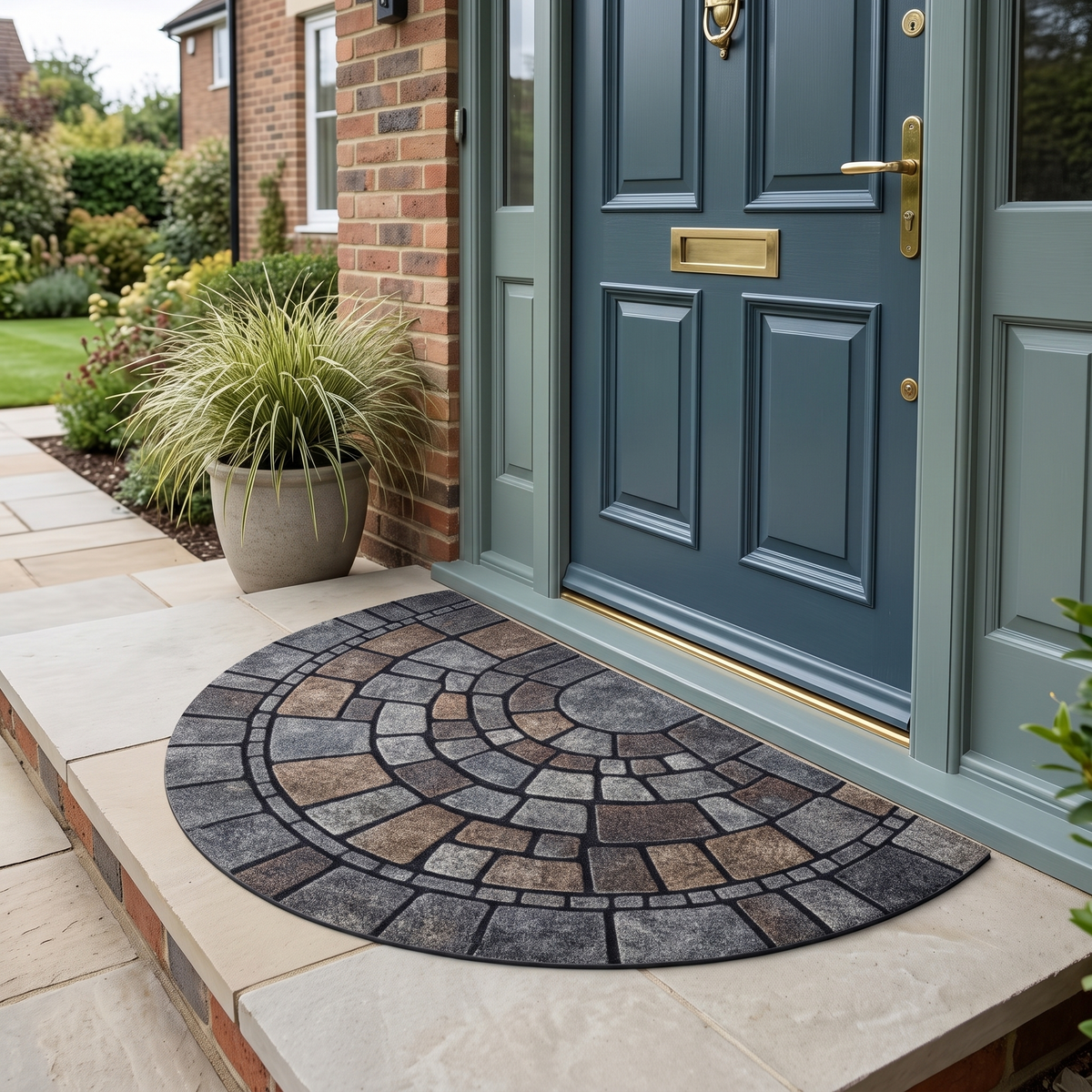 Morwenna mosaic half-moon door mat – at a front door