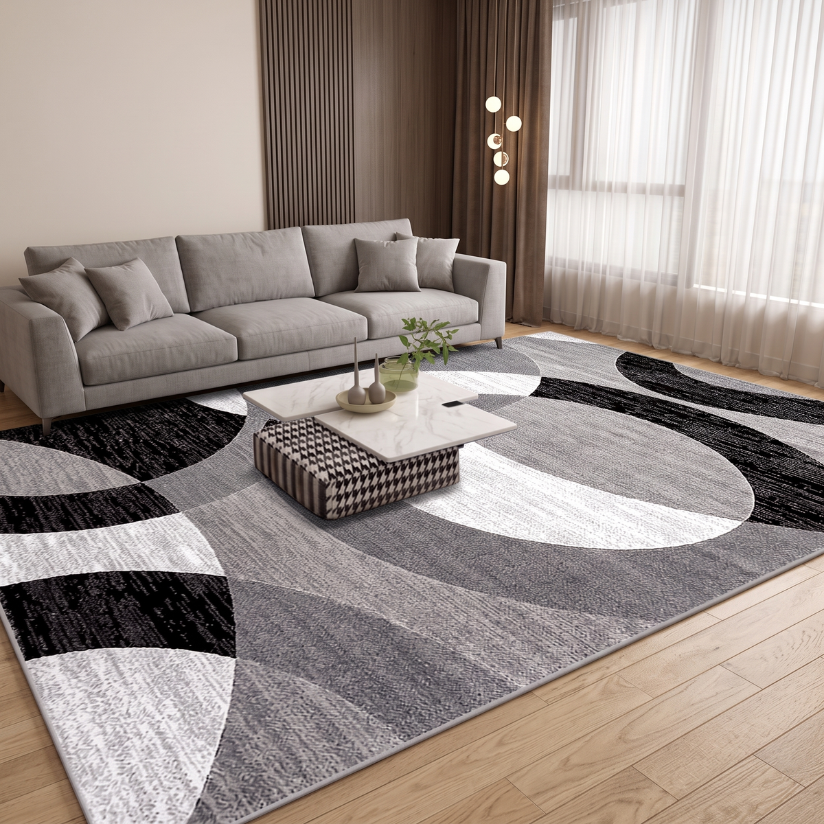 Xanthe velvet geometric rug – under a living room sofa