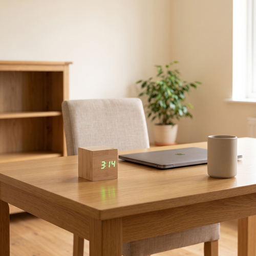 Verena wood-look digital clock – on a home desk