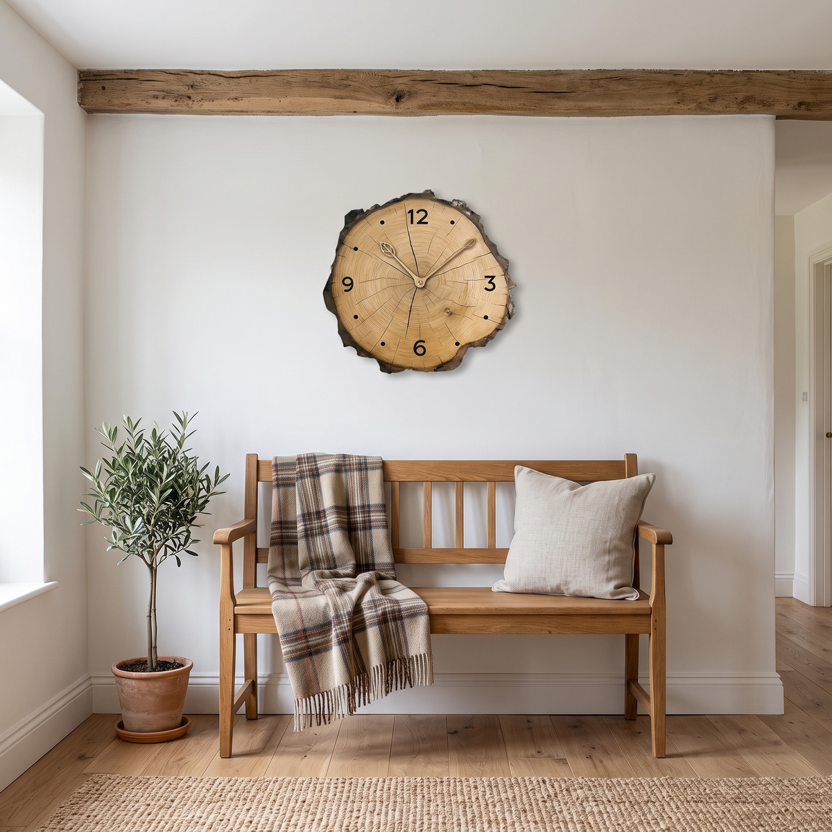 Godric wood slice wall clock – in a cottage sitting room