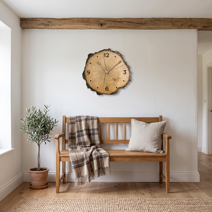 Godric wood slice wall clock – in a cottage sitting room