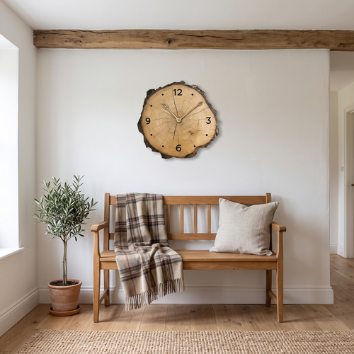 Godric wood slice wall clock – in a cottage sitting room
