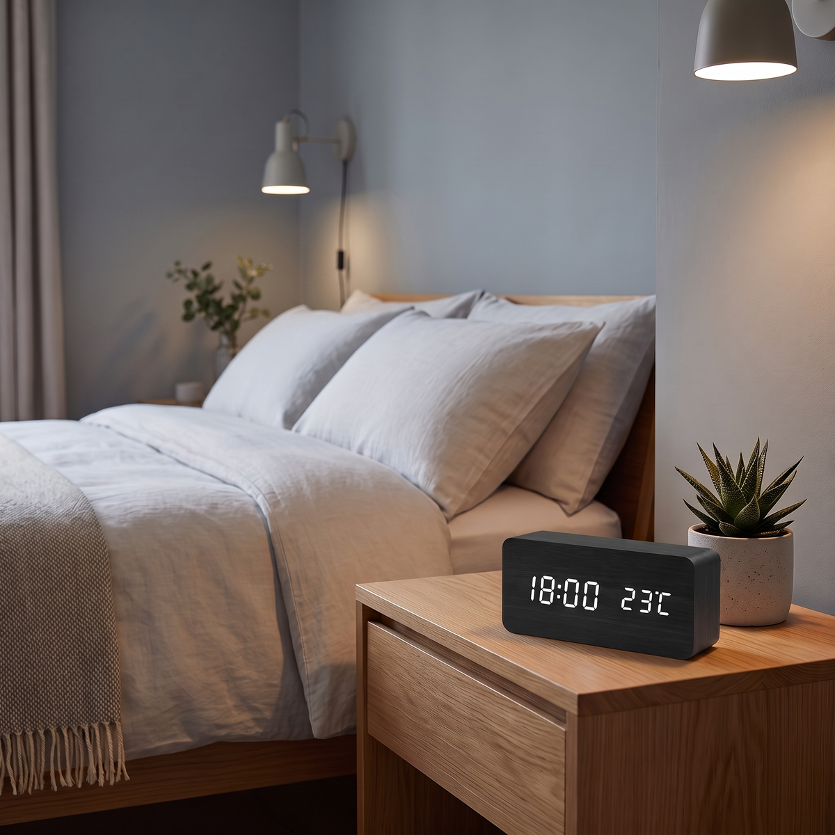 Jocasta LED alarm clock – on a bedside table