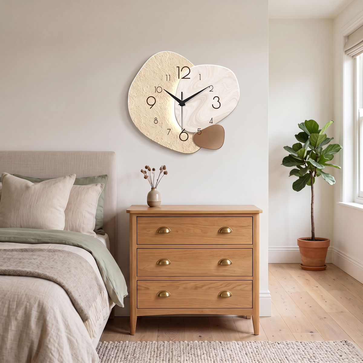 Kezia wall clock – above a bedroom chest of drawers