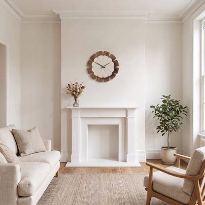 Dulcie petal wooden wall clock – above a living room mantel
