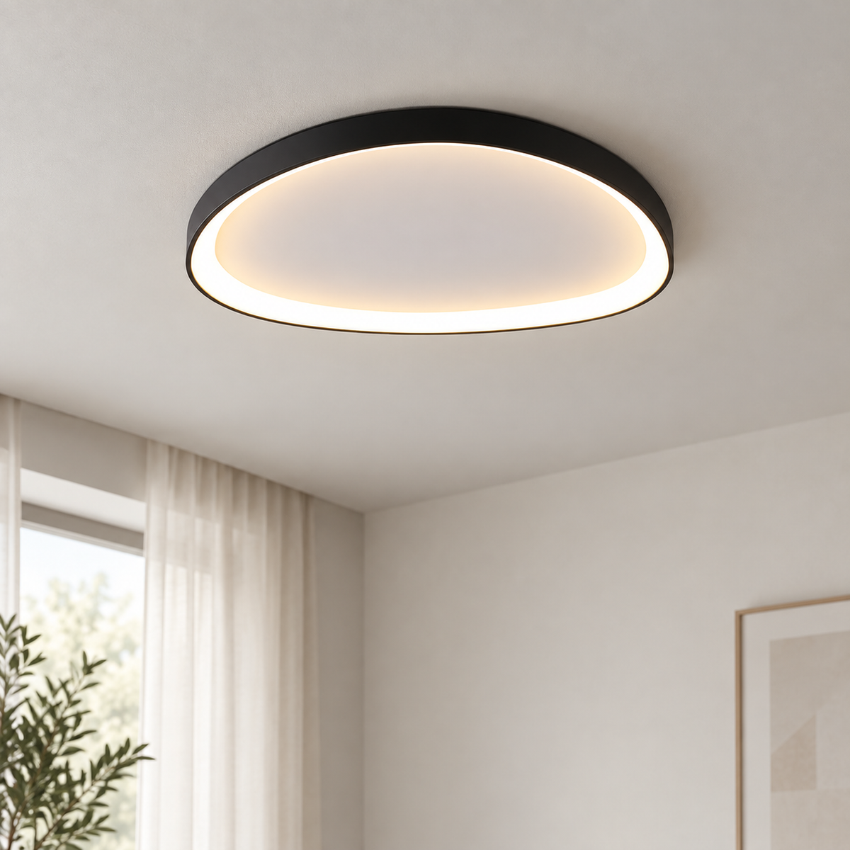 Linara flush mount ceiling light in black, glowing warm against a pale ceiling in a bright room with a sheer curtained window