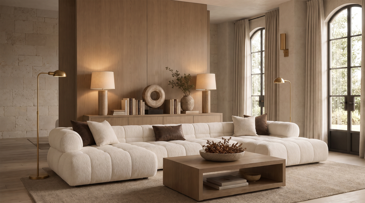 Orasens living room with a boucle sectional, oak panelling, brass floor and table lamps and arched windows