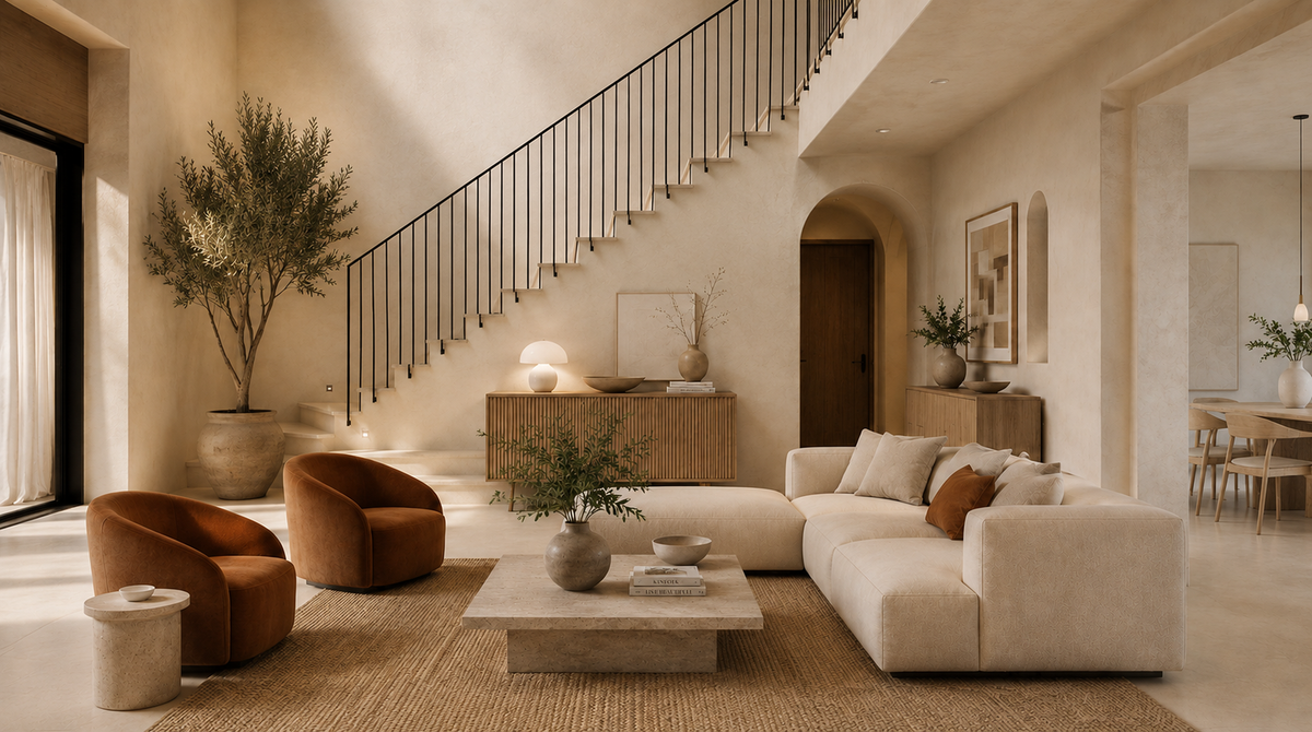 Cream living room with a jute rug, travertine table, terracotta armchairs and an olive tree beside a staircase