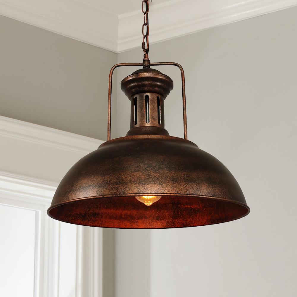 Rafferty rustic dome pendant light – lit with a warm glow