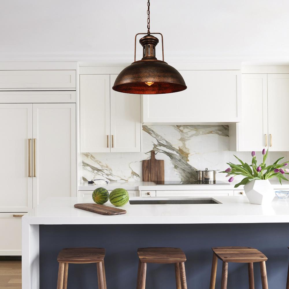 Rafferty rustic dome pendant light – in a bright white kitchen