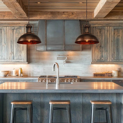 Rafferty rustic dome pendant light – two over a kitchen island with bar stools