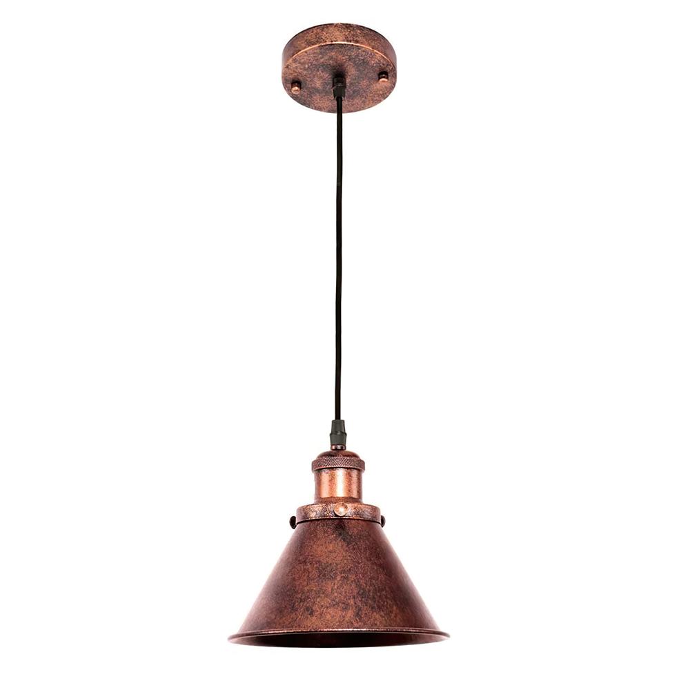 Carlotta copper cone pendant light – with black cord and round canopy on white