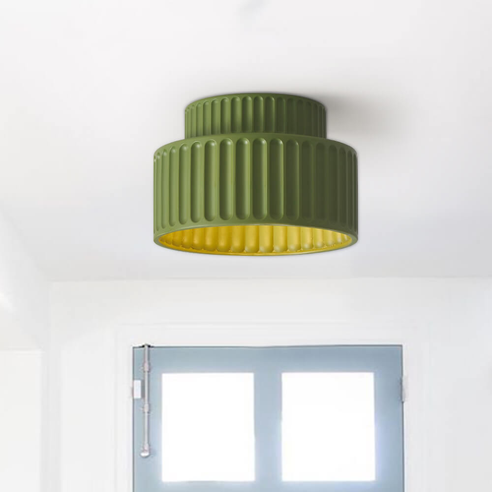 Colette ribbed resin ceiling light – in green, close view in a room