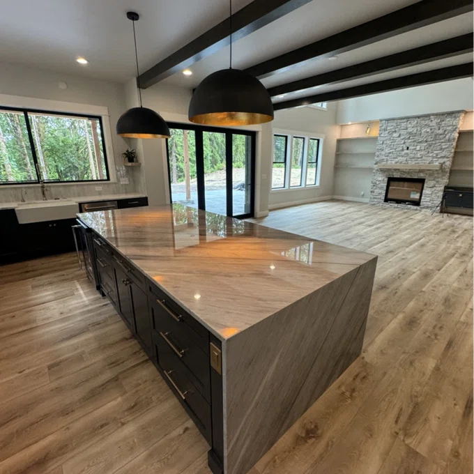 Octavia oversized dome pendant – over a kitchen island with dark beams