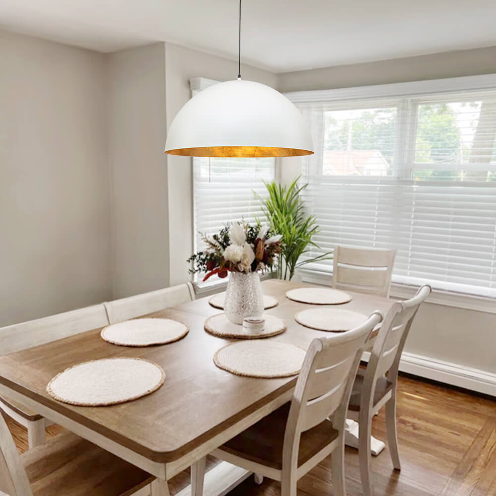 Octavia oversized dome pendant – white dome over a dining table by a window